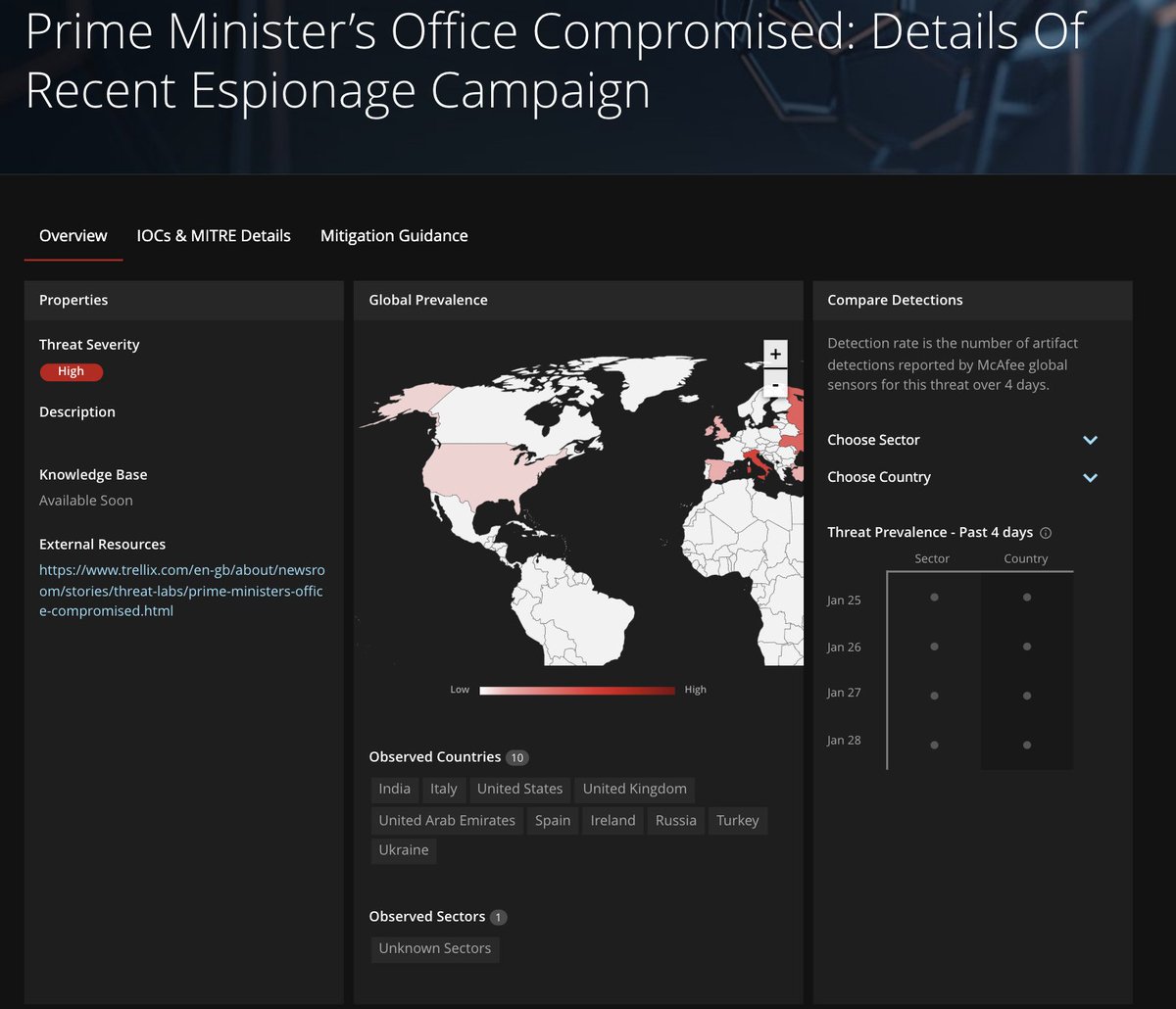 Raj_Samani's tweet photo. We recently published details of an espionage campaign that compromised PMOs of a nation - prevalence of indicators however reveal activity in 10 countries.  More details/IoCs here: https://t.co/3S7zMyPeHN H/T @Jeffrey_Sman @Glacius_ @_Fritto_ @tim_hux
@John_Fokker @JCMarques15 https://t.co/F7noa3rJEj
