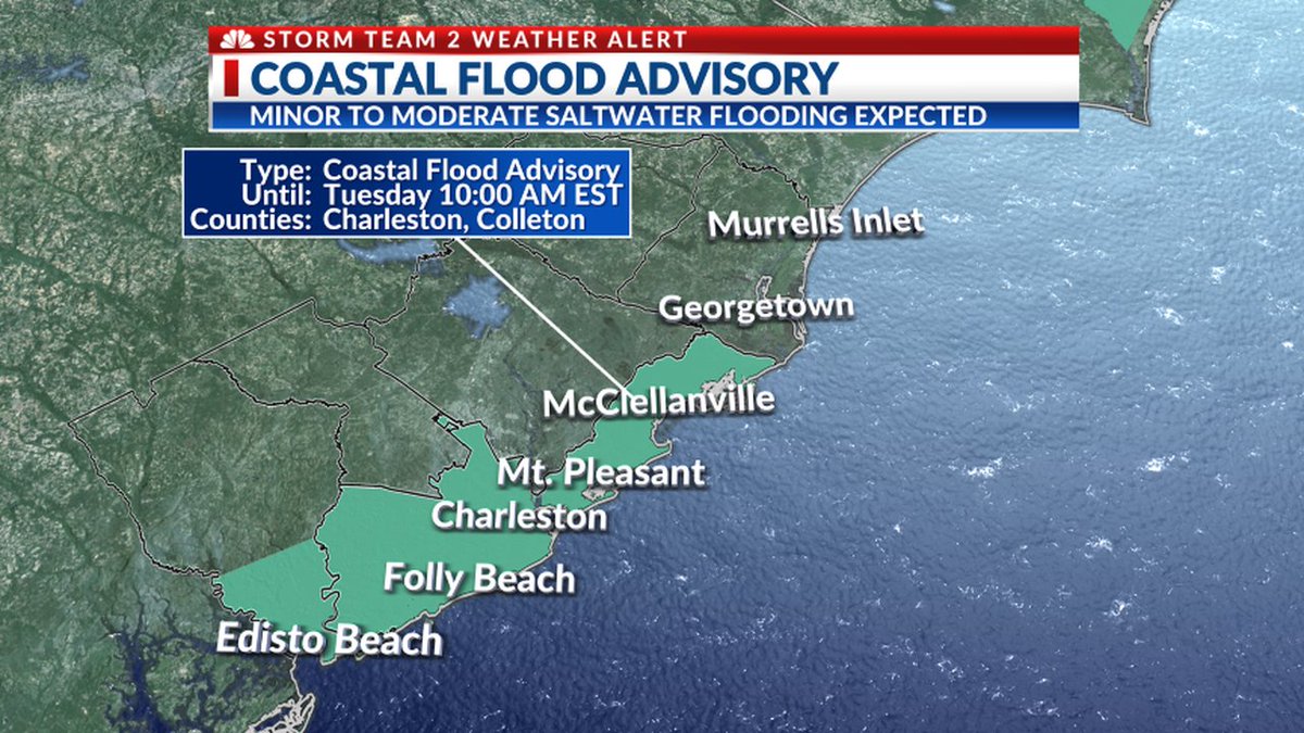 WEATHER ALERT: A Coastal Flood Advisory has been issued. Prepare for minor to moderate saltwater flooding. Some flooded streets, flooded property, and a few closures are expected near tidal waterways and in Downtown Charleston. #chswx #scwx