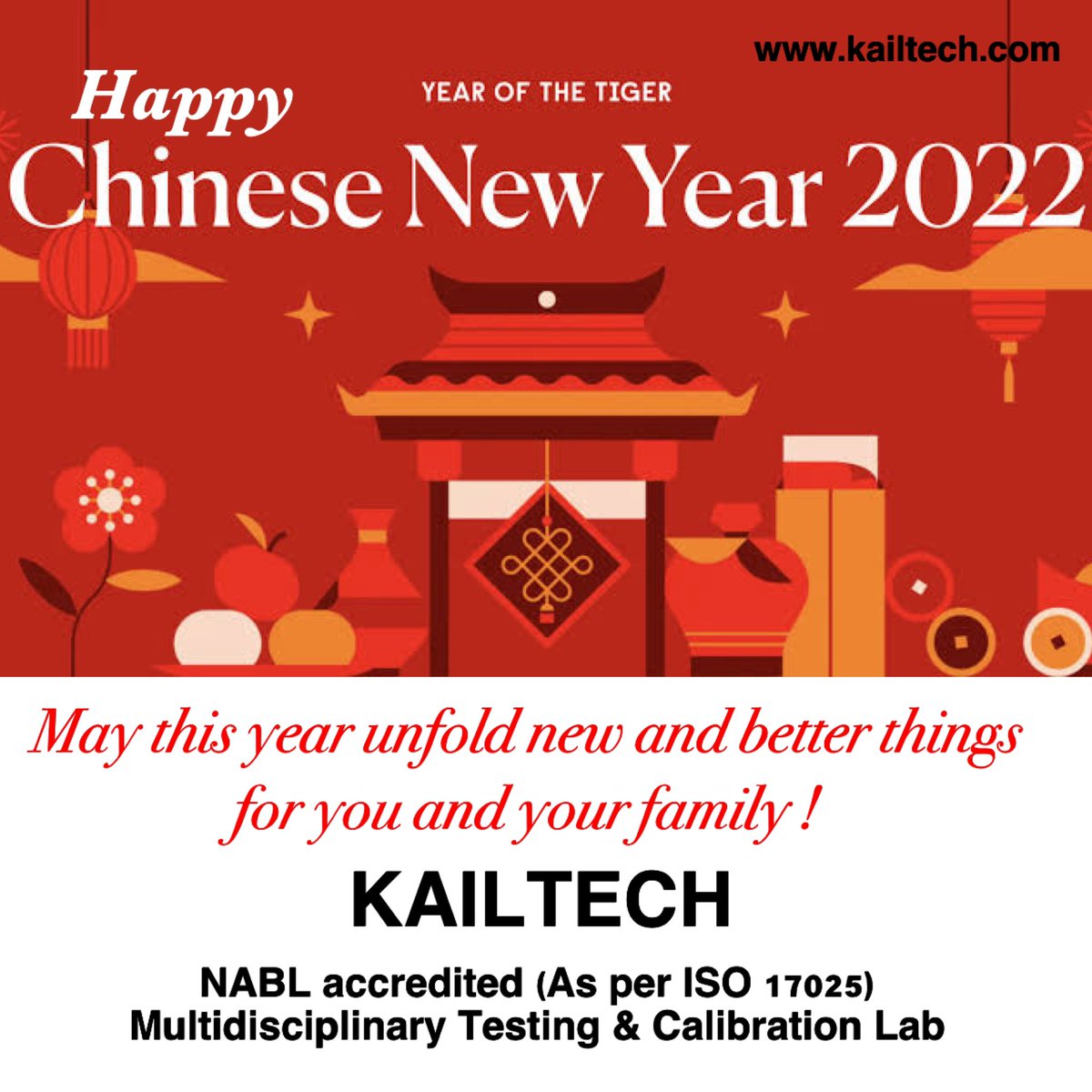 Kailtech_Lab's tweet image. Team #kailtech wishes a very Happy Lunar New Year to all our friends. 

#china #taiwan #singapore #hongkong #vietnam #korea #malaysia #thailand #chinesenewyear2022 #chinesenewyear #lunarnewyear #newyear #tigernewyear #biscrs #iso17025 #testinglab #calibration #newbeginnings