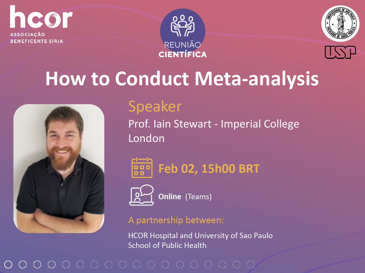 Tomorrow! #HCOR  will have the pleasure to listen to Prof. @iain_INKLUDE on Meta-analysis: guidance and pitfalls to avoid ;-)

And the exciting news is the partnership recently celebrated between HCOR &amp; University of Sao Paulo School of Public Health 🤩