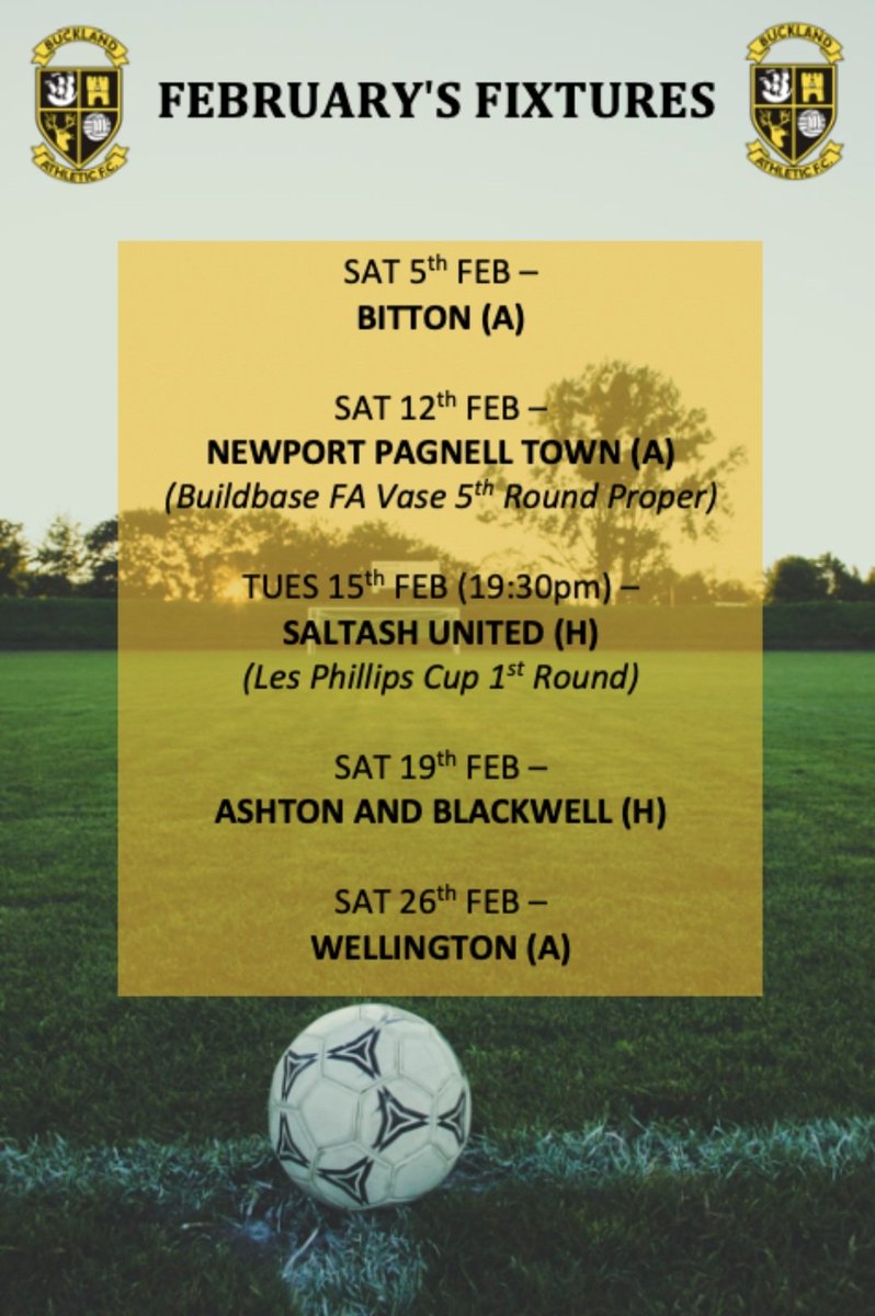 OfficalBAFC's tweet photo. ⚽️ FEBRUARY FIXTURES ⚽️ 

January's summary:
Played - 6
Won - 4
Draw - 0
Lost - 2. 

Five more fixtures scheduled in the month of February, including our FA Vase Fifth Round tie at @nptfc in just ELEVEN days time.

Full list can be found here. 📸

#UpTheBucks #FebruaryFixtures 💛 https://t.co/GwBnYHfiun