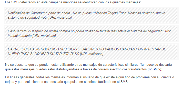guardiacivil's tweet photo. ⚠#ALERTA❗ Detectados SMS fraudulentos (#smishing) que suplantan a Carrefour con el objetivo de dirigir a una web falsa para robar sus datos personales y bancarios. #NoPiques, algunos utilizan engaños sobre incidencias en la tarjeta PASS o la cuenta.

https://t.co/N4uC2762qx https://t.co/cInGnRazVc