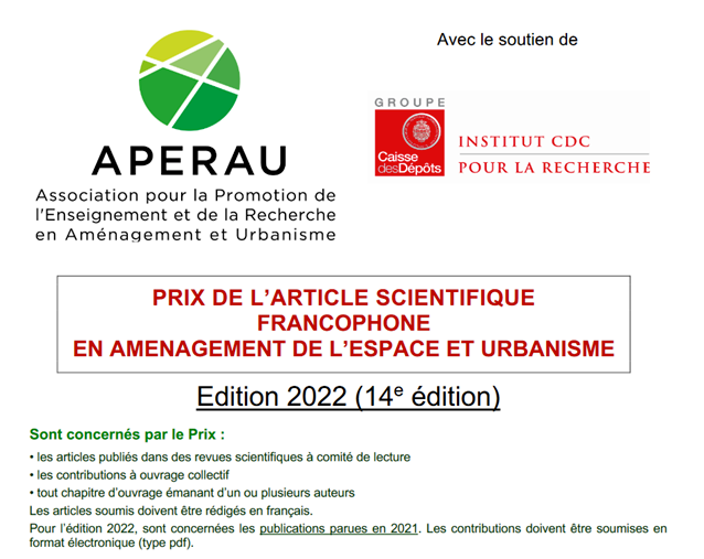 _riurba's tweet photo. Appel pour le prix de l'article scientifique francophone en #aménagement de l’espace et #urbanisme, Édition 2022 (14e édition), lancé par l'#APERAU, avec le soutien de la @caissedesdepots. Envoi avant le 31/03 https://t.co/S3G9ZMzgJv @ReseauAPERAU @dumontmarc https://t.co/lKIAQcZW4b