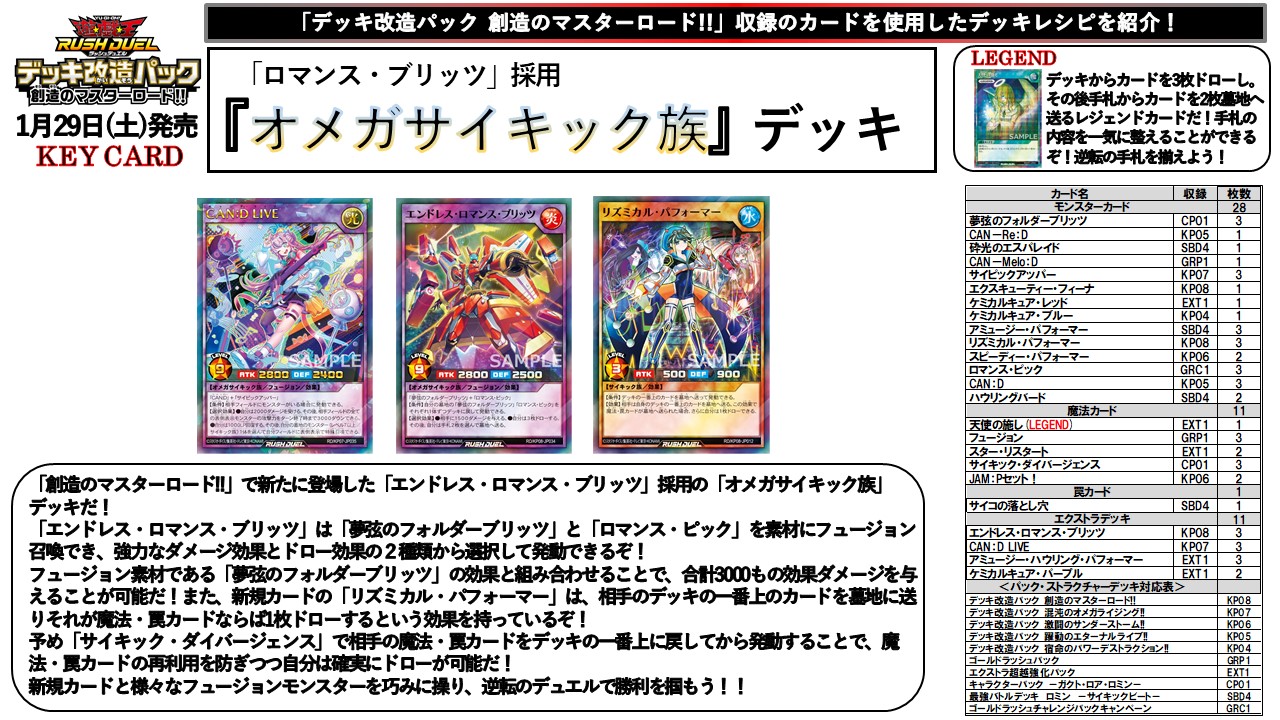 公式 遊戯王ラッシュデュエル デッキレシピ紹介 ロマンス ブリッツ 採用 オメガサイキック族 様々なフュージョンモンスターを操ろう デッキレシピ主な収録カード デッキ改造