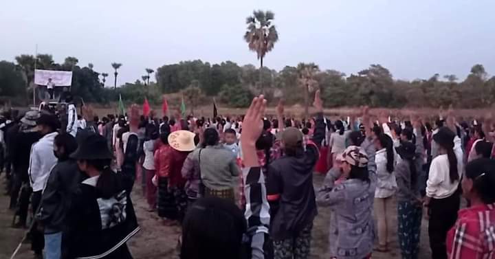 Myaing Basic Education General Strike Committee and residents joined together and protested to throw out the military dictatorship, chanting slogans "Our City Our Rule". 

#RedCampaign_1YearOfRevolution
#2022Feb1Coup #SilentStrike
#WhatsHappeningInMyanmar
