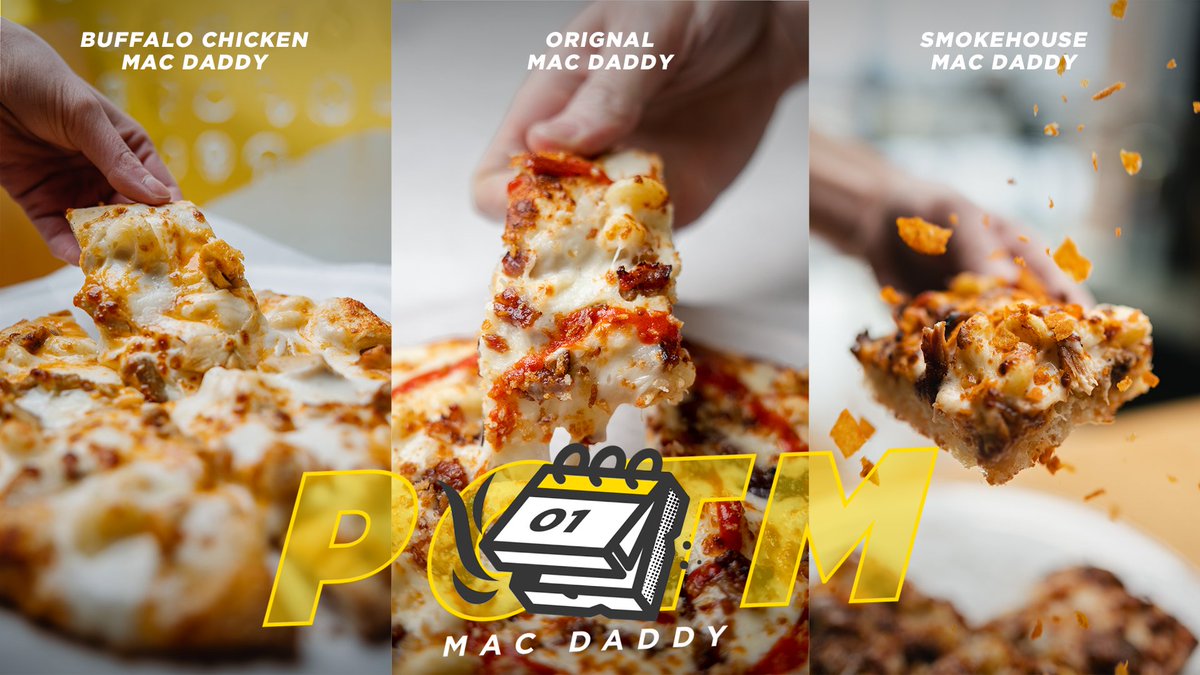 We're bringing you three versions of the Mac Daddy, our white cheddar Mac n Cheese Pizza of the Month! The Original Mac Daddy with bacon and sriracha. Buffalo Chicken with roasted chicken and a Buffalo Drizzle. The Smokehouse with smoked pork, Grippo's, and a BBQ Sauce Drizzle.
