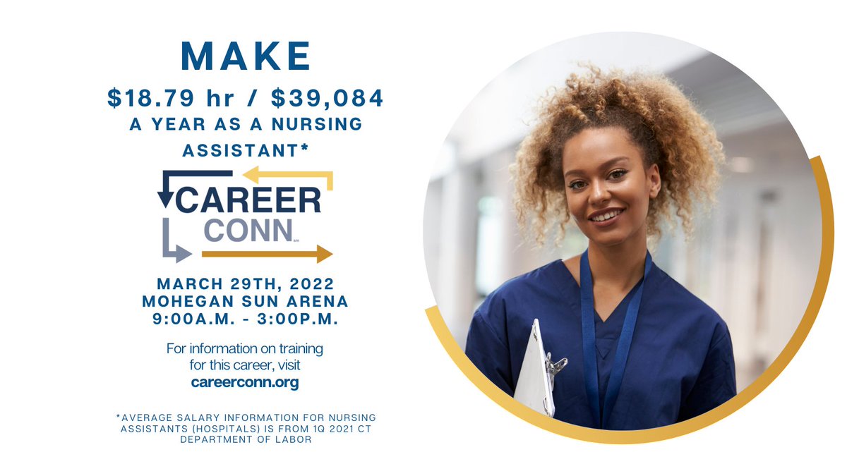 Do you want to learn how to be trained as a certified nursing assistant making $18.79 an hour/$39,084 a year on average? Join us for CareerConn on March 29th for more information on career schools in the state.