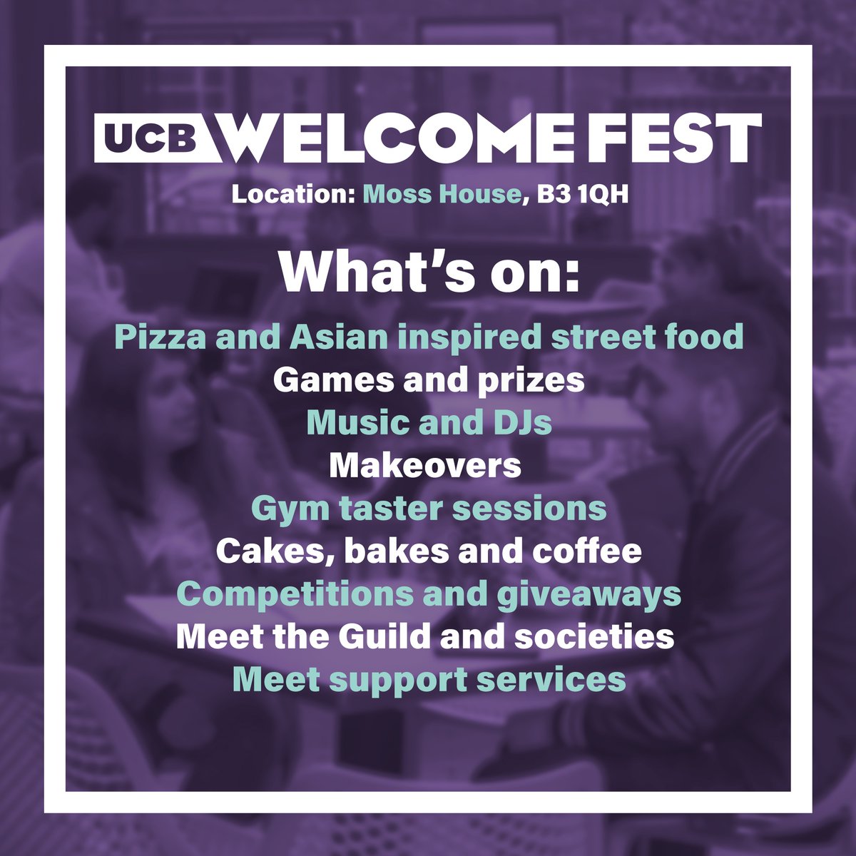Are you ready for our university WelcomeFEST next week? Kick off the start of your uni experience with our event at Moss House on Friday 11 February!

See you there! 👋

#UCBWelcomeFEST