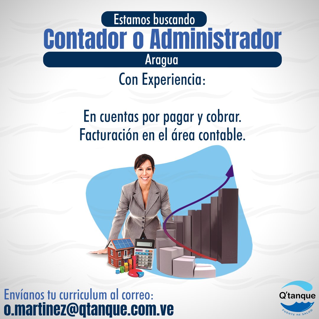Qtanques's tweet image. ¿Buscas trabajo?

¿Quieres formar parte de nuestro gran equipo?

📍ARAGUA (Santa Cruz, Maracay, Cagua) estamos buscando CONTADOR O ADMINISTRADOR

✔Experiencia en cuentas por cobrar y pagar. ✔Facturación en el área contable.

#Trabajo #Empleo #Aragua #Maracay #Turmero #Cagua