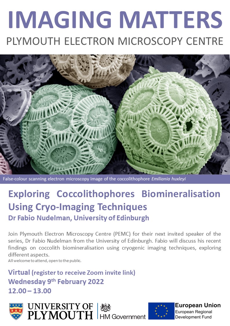 Our next Imaging Matters talk is next week!
Dr Fabio Nudelman will be talking about their recent findings on Coccolithiphore biomineralisation using cryogenic techniques.

To register click here:  plymouth.ac.uk/whats-on/pemc-…
