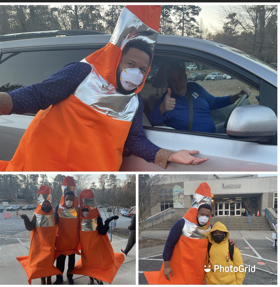 When it’s traffic cone Tuesday and you are the interim principal of <a href="/LakewoodBulldog/">Lakewood Elementary</a> what do you do? You put on a traffic cone and welcome the students! #WeAreDPS