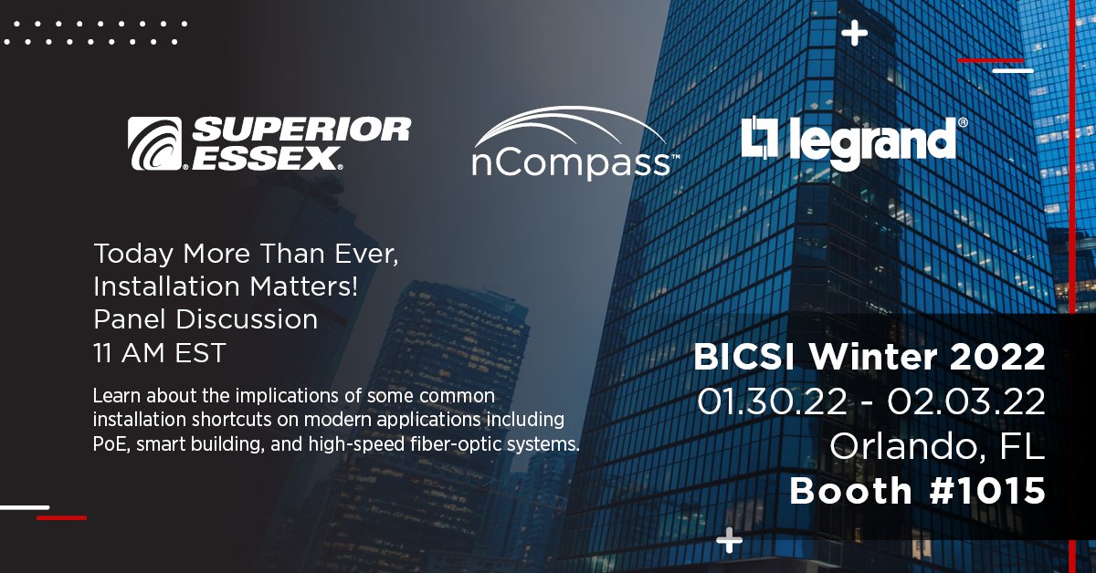 Legrand - Data Infrastructure (@legranddat) on Twitter photo Don't miss our panel discussion today at #BICSIWinter, "Today More Than Ever, Installation Matters!" at 11 AM EST! Our <a href="/_nCompass_/">nCompass Systems</a> experts will discuss the implications of common installation shortcuts on modern applications.
#PoE #Fiberoptic #smartbuildings Don't miss our panel discussion today at #BICSIWinter, "Today More Than Ever, Installation Matters!" at 11 AM EST! Our <a href="/_nCompass_/">nCompass Systems</a> experts will discuss the implications of common installation shortcuts on modern applications.
#PoE #Fiberoptic #smartbuildings
