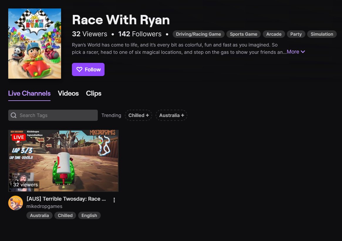 MikeDropGames's tweet photo. As @ameliaandjordan put it... I'm cornering the #RacewithRyan market on #Twitch. https://t.co/EZ6kWGw84t