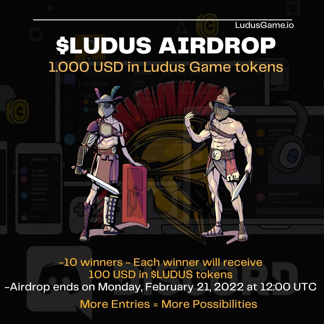 LudusGameNFT's tweet photo. ⏳⏳$LUDUS AIRDROP! 1.000 USD in Ludus Game tokens⌛️⌛️
-10 winners - Each winner will receive 100 USD in $LUDUS tokens-
Join the Airdrop Gleam now: https://t.co/cFq97Ni9c2
Airdrop ends 21st February 12UTC.
#Airdrop #NFTGiveaway #GiveawayAlert #NFTGaming #BSCAirdrop #LudusGame https://t.co/nRa6FtcFCM
