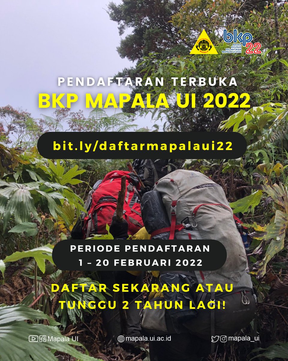 mapala_ui's tweet photo. Halo, Sobat Alam! Yang tertarik bergabung di Mapala UI, pendaftaran BKP Mapala UI 2022 telah dibuka, loh!
Daftar sekarang atau tunggu 2 tahun lagi!
#BKPMAPALAUI2022 #MapalaUI #UniversitasIndonesia https://t.co/0WlG6L8ADL