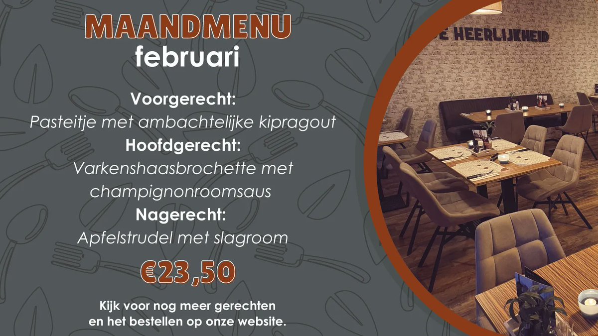 Nu wij weer open zijn en een nieuwe maand is gestart, is ons maandmenu weer terug! Het maandmenu is te bestellen in ons restaurant en voorlopig blijven wij alle overige gerechten bezorgen. Tafeltje reserveren of iets bestellen? Ga naar deheerlijkheid.com