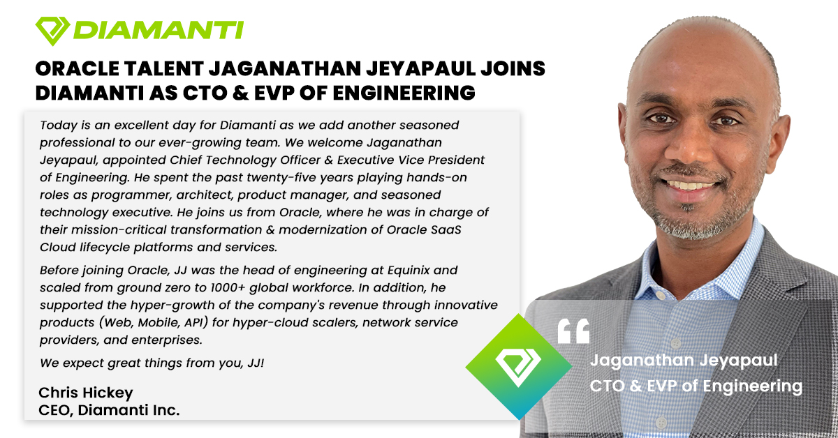 Diamanti is elated to welcome our new CTO &amp; EVP of Engineering Jaganathan Jeyapaul. He is a seasoned professional with decades of experience and will raise Diamanti to new heights. We are glad to have you on the team, JJ! 

Visit bit.ly/3DjIzl9 

#hr #success #diamanti