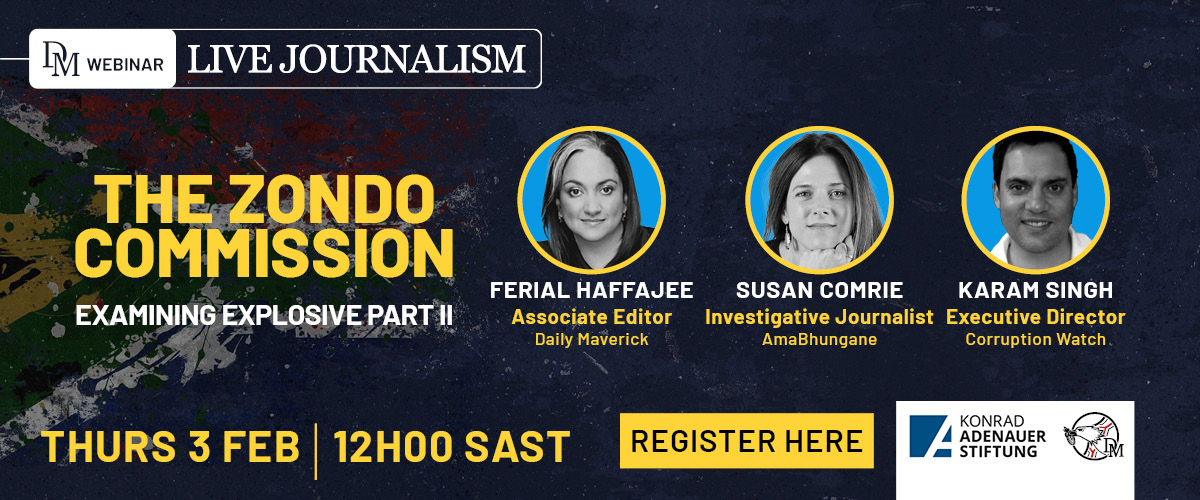amaBhungane's tweet image. REGISTER: Join @dailymaverick's Associate Editor @ferialhaffajee in conversation with @amaBhungane's investigative journalist @sajournalist &amp;amp; @Corruption_SA  Executive Director Karam Singh as they take a look at Part 2 of the  Zondo Report. 

bit.ly/zondocommission

#ZondoReport