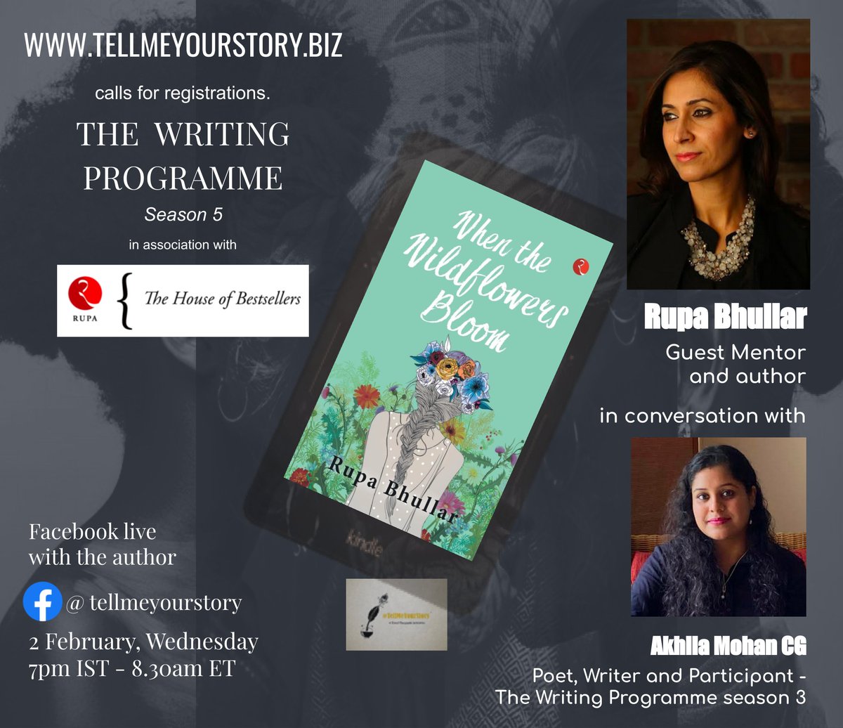 THE WRITING PROGRAMME Season 5
6 Week Certified #Workshop on #CreativeWriting
Guest Mentor: <a href="/rupa_bhullar/">Rupa Bhullar</a>
In conversation: <a href="/AkhilasBookNook/">Akhila Mohan CG</a> 
Register here for the #writing #workshop tellmeyourstory.biz/the-writing-pr… 
Story Prompt: Women &amp; War
Last date 15 Feb