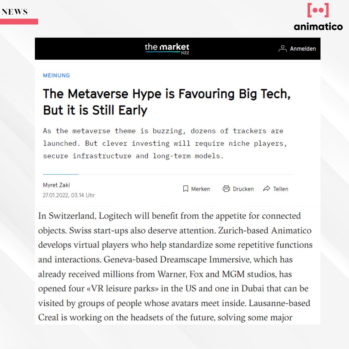 AnimaticoAvatar's tweet photo. 💡 The market by #NZZ outlined the large players in the growing field of the #metaverse and mentioned Animatico as one of the #pioneers in CH.

🚀 We are very happy to receive this recognition and work hard to bring our avatars to all #stores, the #web and the #metaverse. https://t.co/ThCjHBAIsN