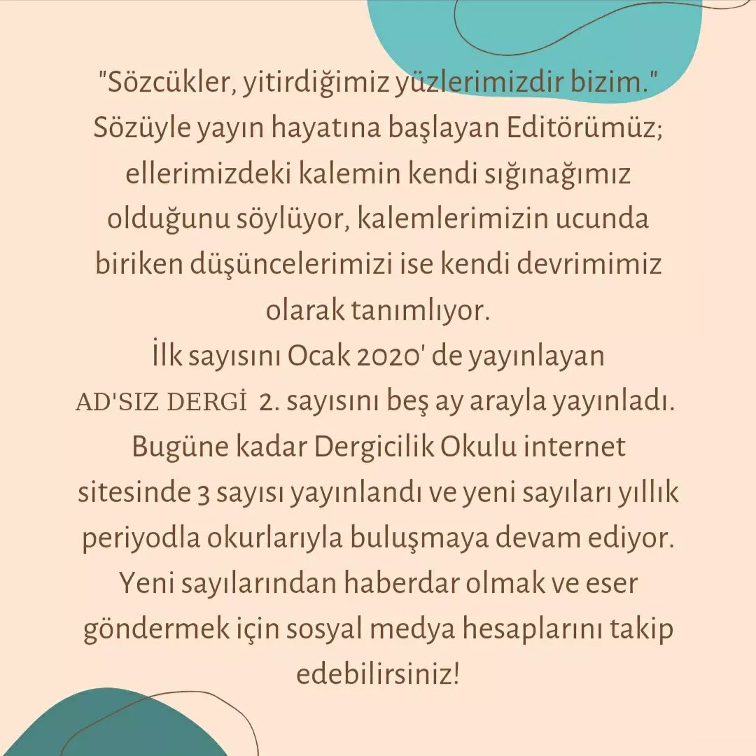 AD'SIZ DERGİ (<a href="/adsiz_dergi/">AD'SIZ</a> )
Yıllık Edebiyat Dergisi
Editör: Elif Öztürk

“Amacı olmayan her hayat
bir hatadır.”

<a href="/dergicilikokulu/">Dijital Dergicilik Okulu</a> 
<a href="/diji_jenerasyon/">Dijital Jenerasyon</a>