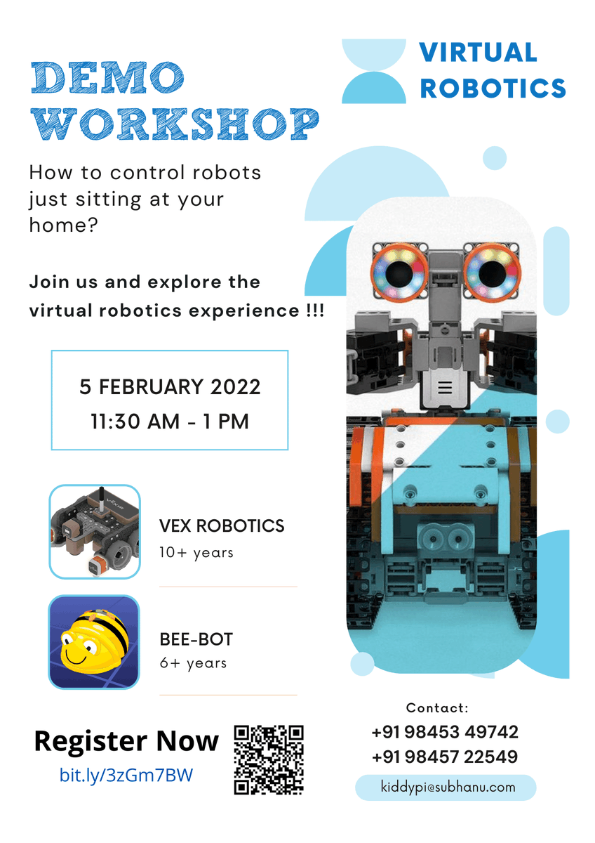 kiddypi1's tweet image. STEM Coding Workshop - Virtual Robotics
6-9 Yrs - Learn about safety signs using Bee-Bot
10-16 Yrs - Learn & clean the ocean using VEX Robotics
Free registration
Saturday | 5th Feb 2022
11:30 PM to 1:00 PM IST
Hurry up and register!
bit.ly/3zGm7BW
