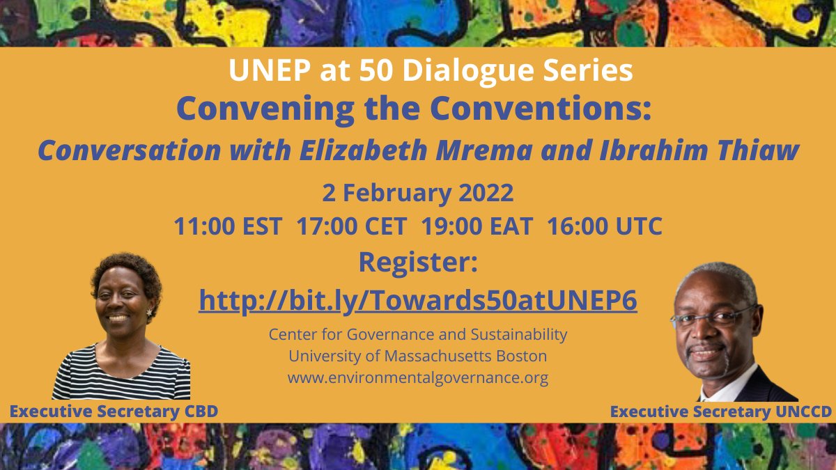 🚨 Join us tomorrow Wed. 2 February at 16:00UTC/17:00CET for the latest #UNEP50 dialogue with <a href="/ibrahimthiaw/">Ibrahim Thiaw</a>, <a href="/mremae/">Elizabeth M. Mrema</a> and <a href="/mivanova/">Maria Ivanova</a>. 

They'll discuss the role of Rio Conventions and <a href="/UNEP/">UN Environment Programme</a> in global #environmental governance.

🚨 Register now: bit.ly/3KH4dV2

#UNited4Land