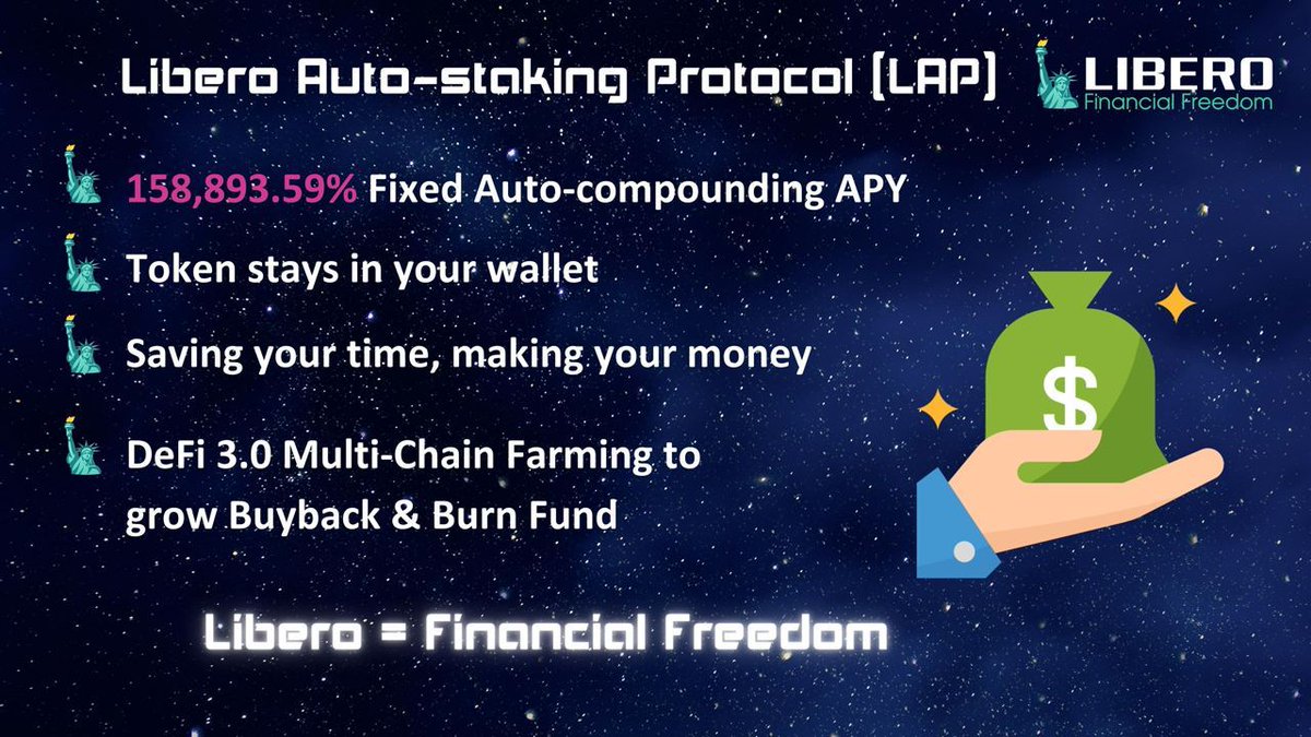 🗽@LiberoFinancial was created to revolutionize the #DeFi space by introducing "Libero Autostaking Protocol"

🗽 $LIBERO is BEP20 token with an elastic supply

🔰Highest Fixed APY 158,893.59%
🔰Multichain Farming 
🔰4K+ Holders in 2 days

🔽INFO
libero.financial/?utm_source=tw…

#DefiNews