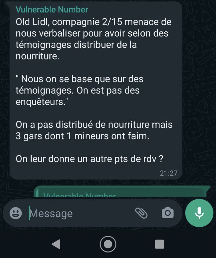 Hier, la police a menacé de verbaliser nos bénévoles pour avoir « selon des témoignages » distribué de la nourriture à des personnes à la rue. À Calais depuis septembre 2020, donner une pomme ou une bouteille d’eau peut vous couter 135€ d’amende. Le coût de l’humanité paraît-il.