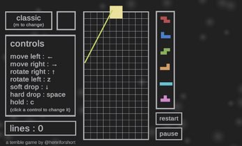 Today's #Freebruary game is Tetrible by <a href="/henriforshort/">henri 🌸</a>
It's a Tetris inspired game but every Tuesday brings a different spin on how the game plays
henriforshort.itch.io/tetrible