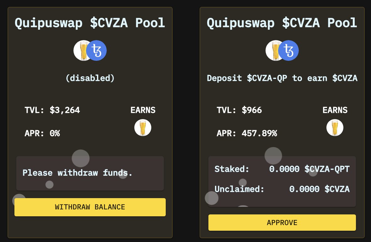 Please unstake and stake in our new Quipuswap pool! (Or consider providing liquidity on <a href="/SpicySwap/">SpicySwap 🌶️</a> and then stake in the brewery to receive $CVZA rewards and baking rewards...)