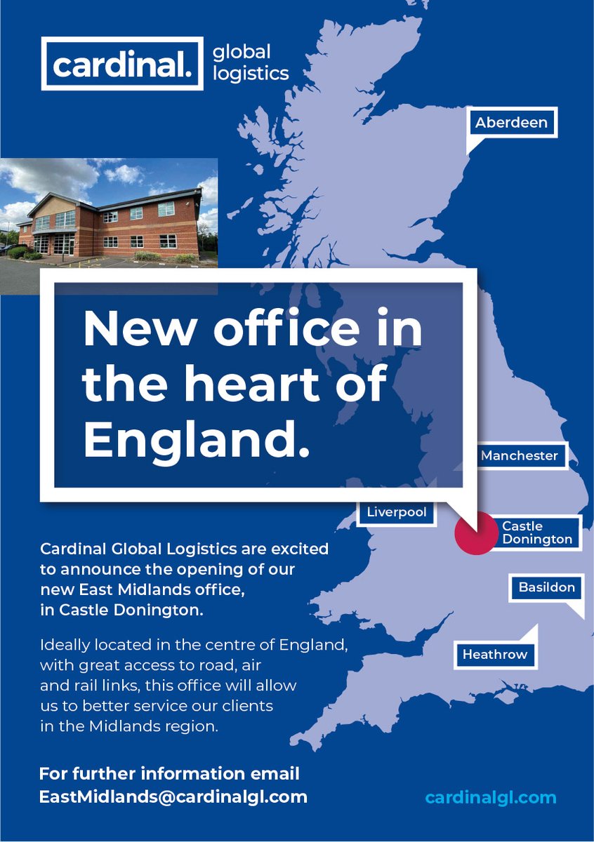 As part of our continued growth, Cardinal Global Logistics will be opening a new office in the #EastMidlands.

Our office has excellent access to road, air and rail links allowing us to better service our clients.

For more information, please email EastMidlands@cardinalgl.com
