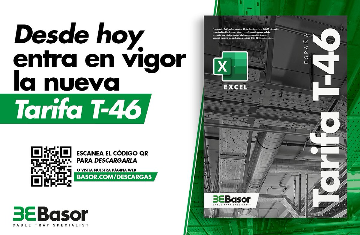 BasorElectric's tweet photo. 📣 𝗛𝗼𝘆 𝗲𝗻𝘁𝗿𝗮 𝗲𝗻 𝘃𝗶𝗴𝗼𝗿 𝗻𝘂𝗲𝘀𝘁𝗿𝗮 𝗻𝘂𝗲𝘃𝗮 𝗧𝗮𝗿𝗶𝗳𝗮 𝗧-𝟰𝟲 📣

✅ Descárgala en este enlace -> https://t.co/UL29PlDEMb

O escanea el código QR para llevarla contigo en tus dispositivos móviles.

#NuevaTarifa #Basor #CableTraySpecialist #T46 #España https://t.co/1e8DNUSsri