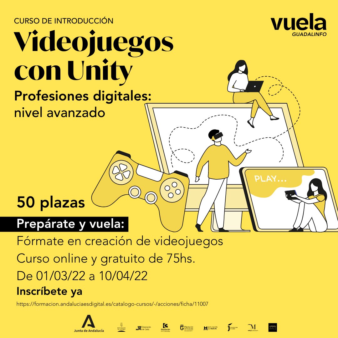 ¿Te apasionan los #videjuegos?¿Quieres aprender a programarlos? 🕹️🚀 Introducción a los videojuegos con Unity
🗓️ Inscríbete hasta el 27/02 
🟨 Nivel avanzado 
🟨Formación tutorizada 
🟨#online y gratuita
Descubre una #profesióndigital 🔝 #Enelblog ▶️ bit.ly/3s4KDJL