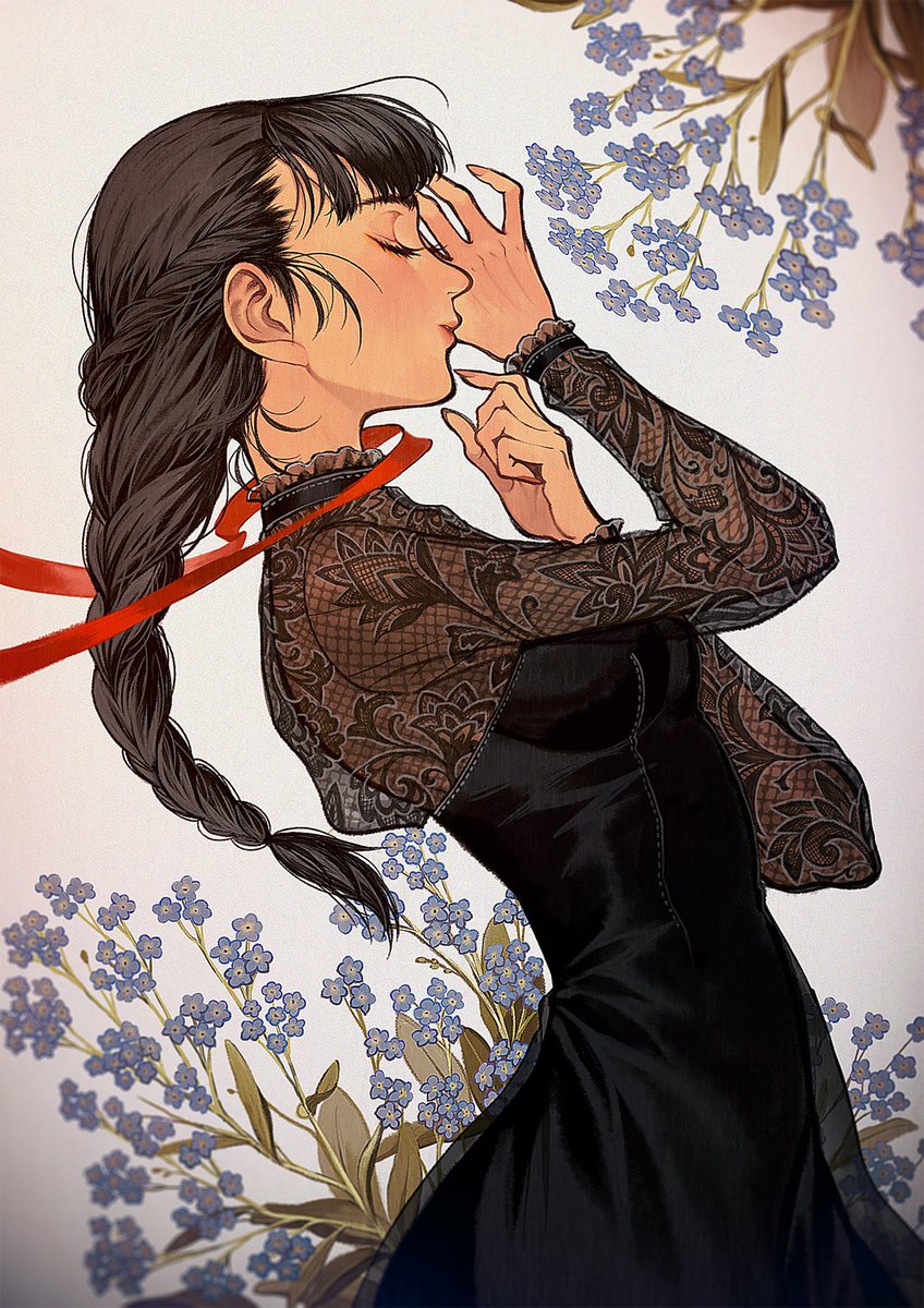 1girl solo braid dress black dress flower closed eyes  illustration images