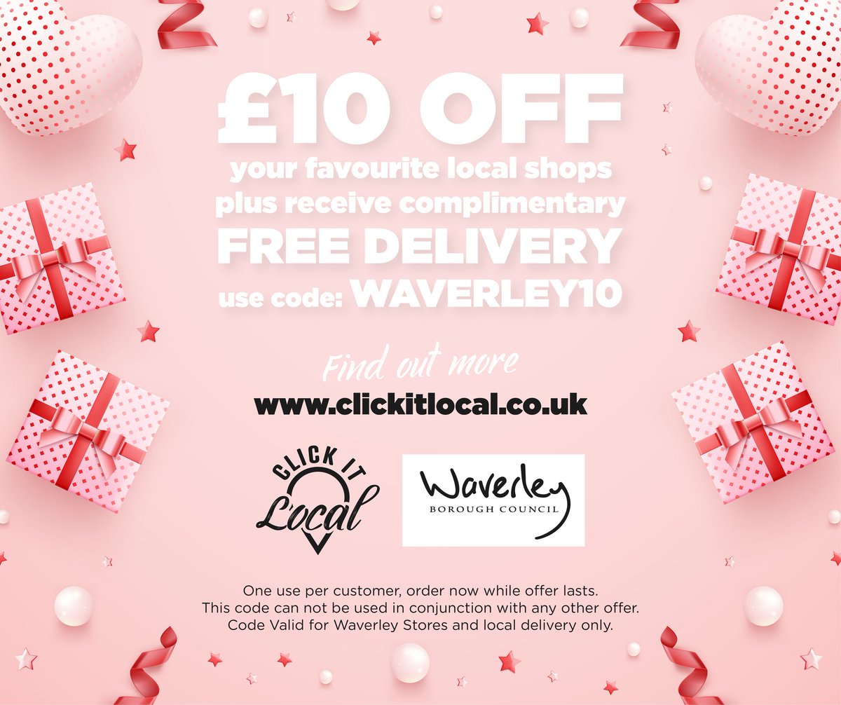 WaverleyBC's tweet photo. Did you know you can get £10 off your favourite local shops PLUS receive complimentary free delivery by using code: WAVERLEY10 on the @ClickItLocal1 website. 💸
A great chance for you to support your local businesses 👉 https://t.co/IC3Hn5LEFf
#waverleybc #clickitlocal #ad https://t.co/hftgqq8BC2