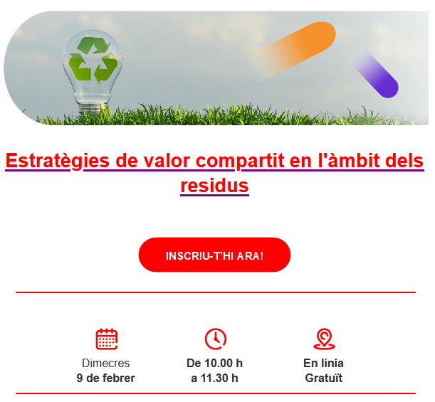 Vols saber com sofisticar l'estratègia de #residus de la teva empresa a través de la generació de #valorcompartit? ♻️

No us perdeu aquesta sessió virtual (gratuïta amb inscripció prèvia) organitzada per @accio_cat que tindrà lloc el proper 9 de febrer 👇🏽

agenda.accio.gencat.cat/cercador/-/act…