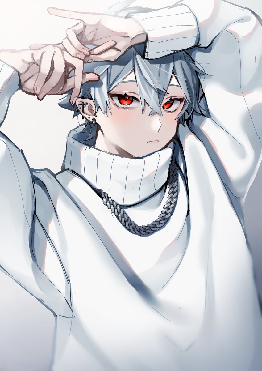 kuzuha (nijisanji) 1boy male focus red eyes solo jewelry sweater ear piercing  illustration images