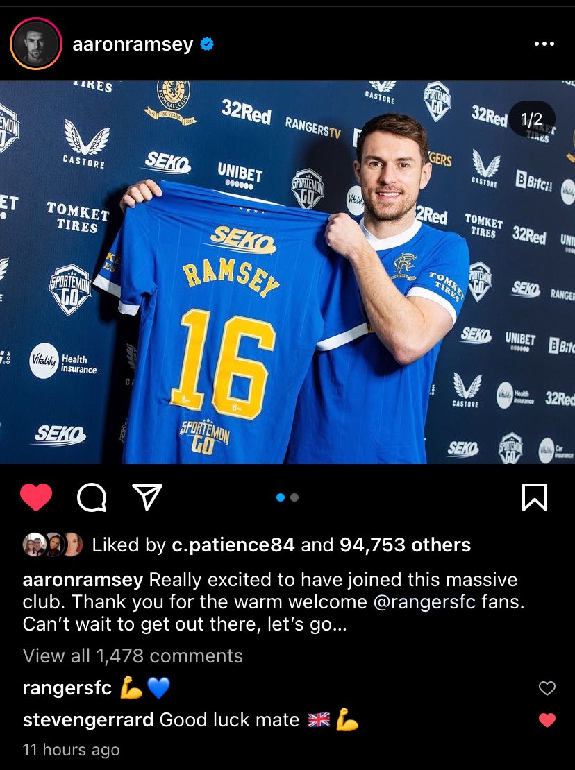 CxllumCM's tweet photo. Steven Gerrard commenting on Aaron Ramsey’s Instagram post 🤩🇬🇧 https://t.co/S1QhwEiNRN