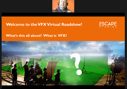 Escape_Studios's tweet photo. We're kicking off our virtual #VFX Roadshow today, with kind support from @UKScreenSkills. Our Deputy Dean Saint Walker is welcoming schools to the day, which will provide an interactive introduction to our industry @Halohello_VFX #escapestudios #creativeindustry https://t.co/XZGEfLhm7y