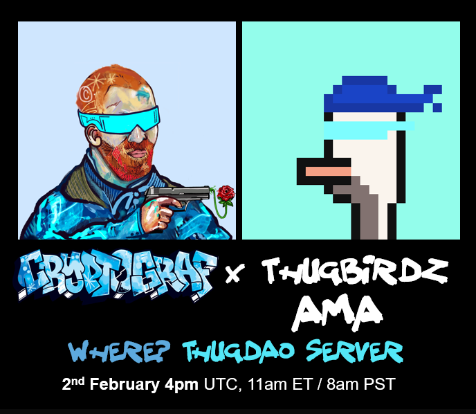 Don't forget our AMA tomorrow in the <a href="/thugdao/">thugDAO | Stake w/ Jito+ThugDAO validator</a> server where we do a preview of the canvas and how it works to <a href="/thugbirdz/">thugbirdz ¬¬</a>. 

Pictured: our TRON trait - a tribute to the thugz. Who are also birds.

Wednesday 2nd Feb, 4pm UTC (11am ET / 8am PST)
#solana #solananfts