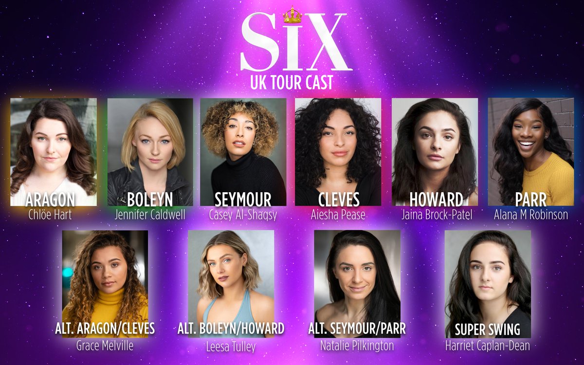 sixthemusical's tweet photo. Introducing our new UK Tour Queens!!!✨👑 
Queendom, show them some love! 😆💜 
#CoronationDay #UKTour 

Our current company will play their final performance on Sunday 6 March with the new company taking over from Tuesday 8 March at the Yvonne Arnaud Theatre in Guildford. https://t.co/rnuFLemi9L