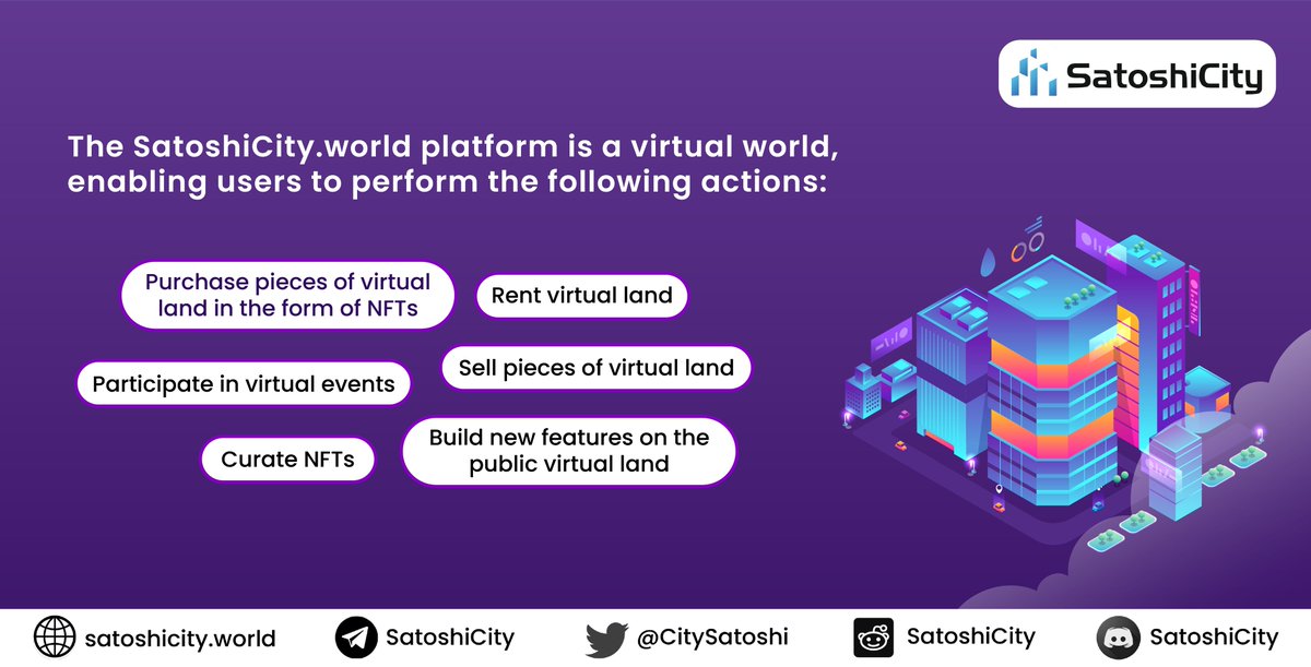 CitySatoshi's tweet image. The SatoshiCity.world Platform collects fees for allowing the users to perform various actions. The platform will also offer grants to independent 3D artists for building amenities on the platform-owned land.
.
.
.
#CITYToken #VirtualWorld #NFTGaming #Metaverse #NFT