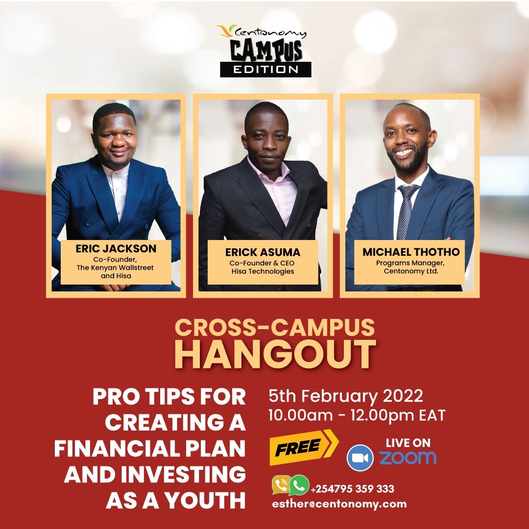 Centonomy's tweet photo. Join us on Saturday, 5th February 2022 from 10am -12 noon (EAT) for the opportunity to make and implement financial decisions that will set you up for a financially liberating future.

Register via: https://t.co/BQoheFNrlC

#CentonomyCampusEdition #SavingsTips #Investments https://t.co/px8tRApf5r