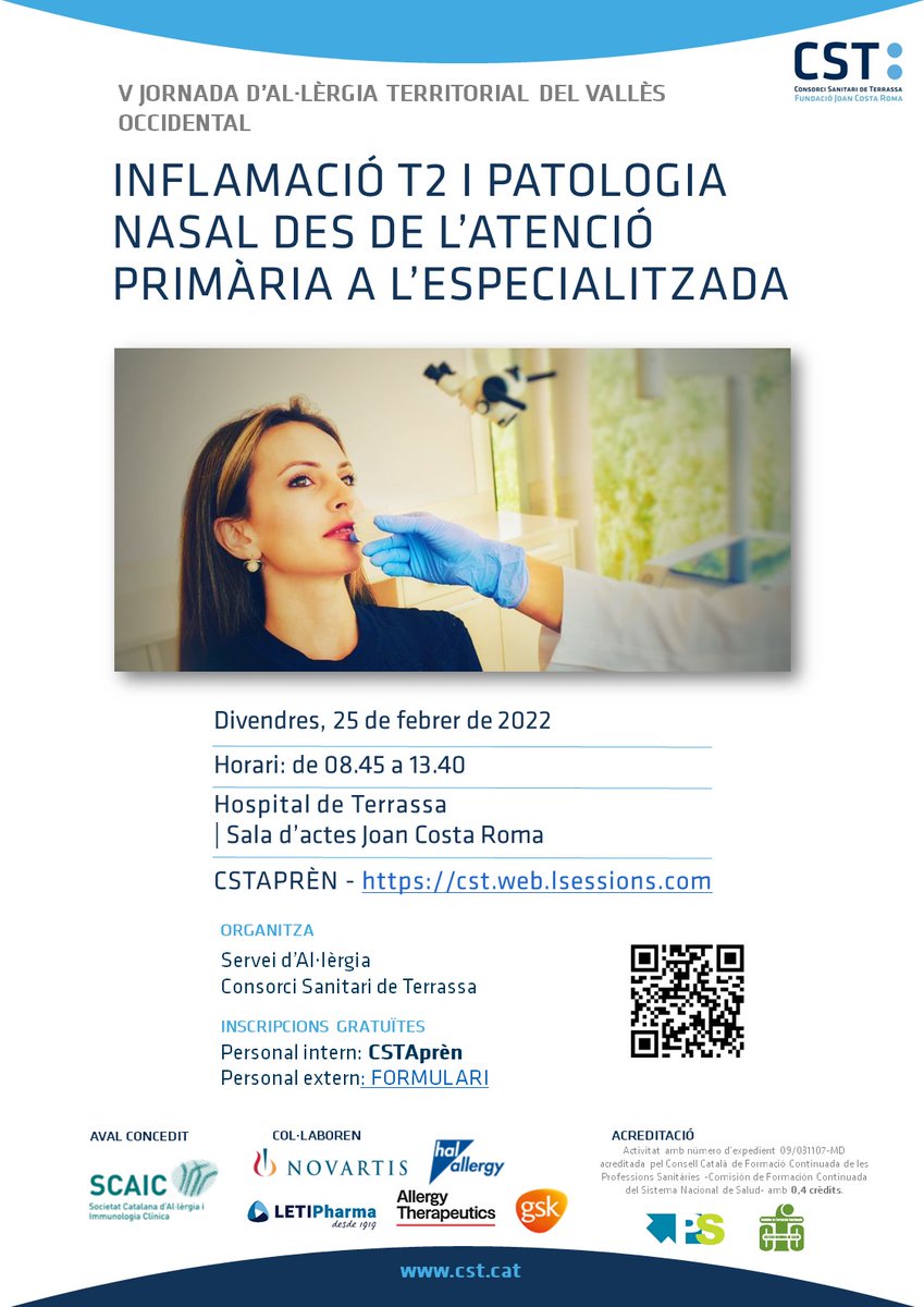 📢 V Jornada d'Al·lèrgia territorial del Vallès Occidental: Inflamació T2 i patologia nasal des de l'Atenció Primària a l'especialitzada.

✍️Inscripció gratuïta 👉🏼forms.office.com/pages/response…
🗓️Data límit d'inscripció: 18 de febrer de 2022
🌐cst.cat/jornades.aspx

<a href="/scaic_cat/">SCAIC</a>