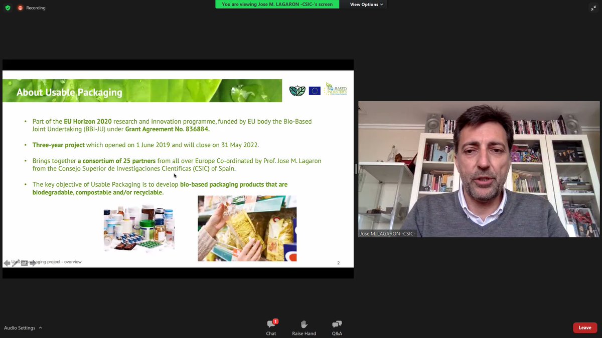 Prof <a href="/ChemaLagaron/">Jose Maria LAGARON</a> addresses the <a href="/BIOSWITCH_eu/">BIOSWITCH</a>  webinar on #bioplastics to introduce the <a href="/Uspackproject/">Usable Packaging</a> project just now.  #compostable #circulareconomy #packaging <a href="/CBE_JU/">Circular Bio-based Europe Joint Undertaking</a>