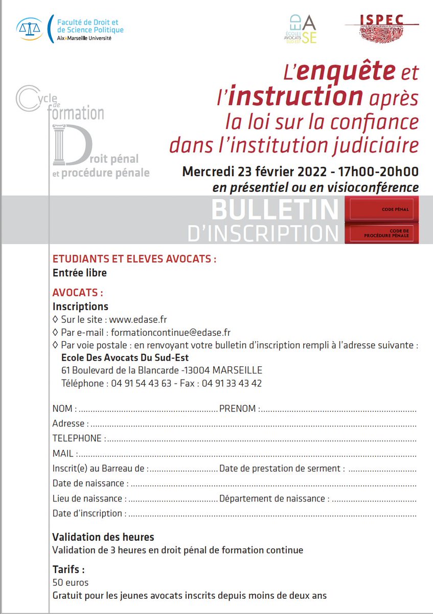 ISPEC (@ispecaix) on Twitter photo 📢 La première formation 2022 <a href="/IspecAix/">ISPEC</a> - <a href="/edase_/">EDASE - Ecole des Avocats du Sud-Est</a> portera sur la Loi "Confiance" et ses conséquences pour l'enquête et l'instruction
Avec Me Dominique Mattei et <a href="/PerrierJb/">Jean-Baptiste Perrier</a>
🗓️Mercredi 23 février à 17h, à Aix <a href="/FdspAmu/">FDSP AMU</a> @univamu (<a href="/RevueLexPenal/">Lexbase Pénal</a>)
Inscription : edase.fr 📢 La première formation 2022 <a href="/IspecAix/">ISPEC</a> - <a href="/edase_/">EDASE - Ecole des Avocats du Sud-Est</a> portera sur la Loi "Confiance" et ses conséquences pour l'enquête et l'instruction
Avec Me Dominique Mattei et <a href="/PerrierJb/">Jean-Baptiste Perrier</a>
🗓️Mercredi 23 février à 17h, à Aix <a href="/FdspAmu/">FDSP AMU</a> @univamu (<a href="/RevueLexPenal/">Lexbase Pénal</a>)
Inscription : edase.fr