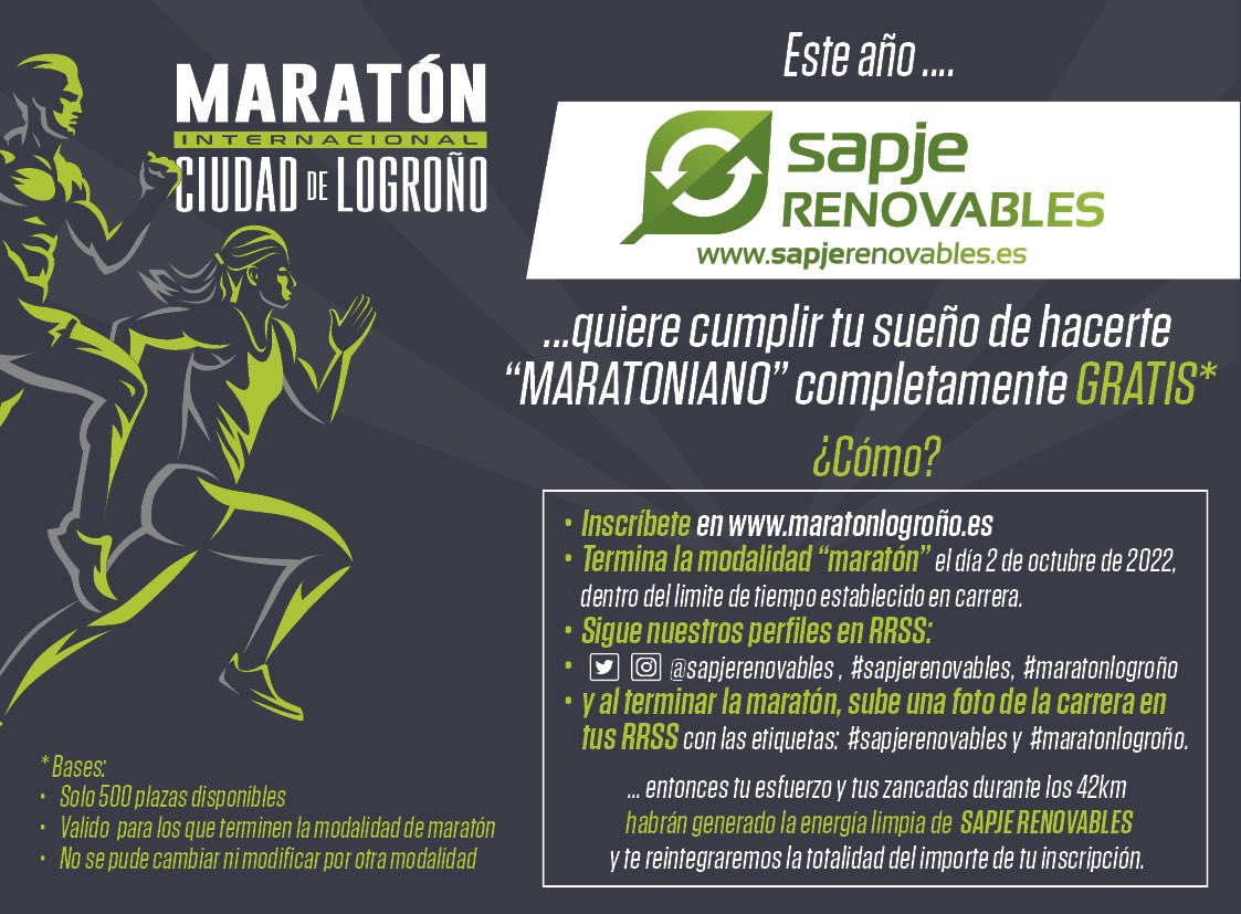 Este año somos patrocinadores principales de #maratonlogroño

Acabamos de sacar 500 plazas a los primeros inscritos para la modalidad maratón completamente GRATIS*

Tus zancadas generarán energía limpia que te harán tener premio

Toda la info aquí👇👇y en maratonlogrono.es