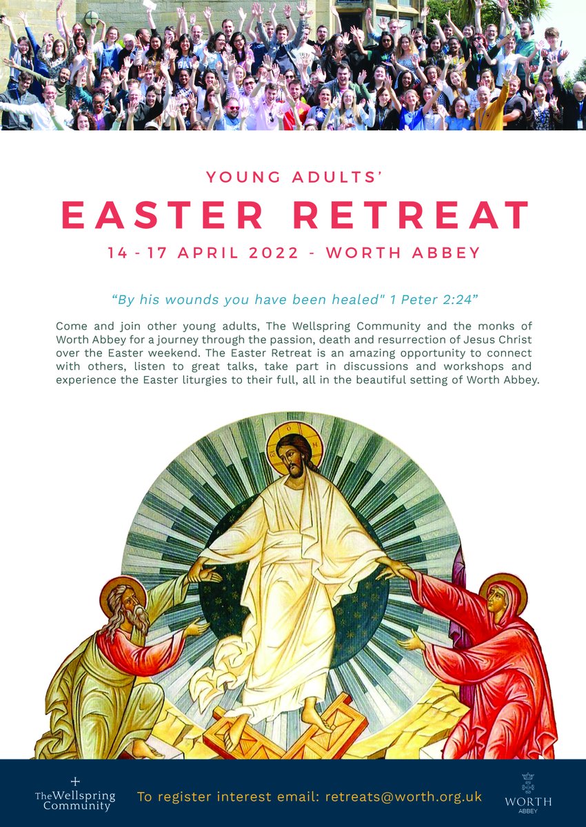 OpenCloister's tweet photo. SAVE THE DATE! Easter Triduum Retreat &amp; Cross Walk for Young Adults' (18-35)
Register your interest by email: retreat@worth.org.uk  @opencloister #retreat #Easter https://t.co/GuHhC6VILX