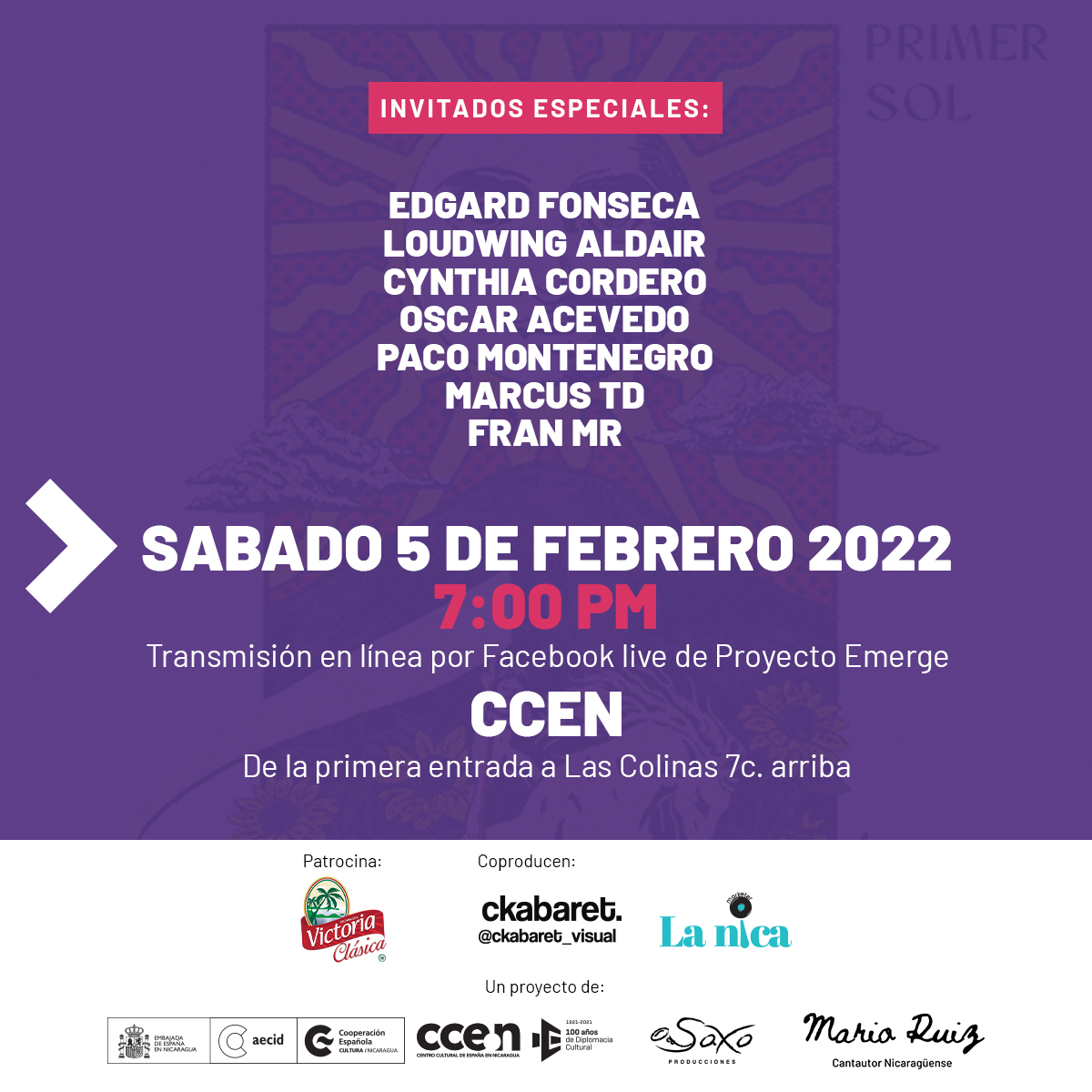 🎶 El próximo sábado 5 de febrero el <a href="/CCENicaragua/">Centro Cultural de España en Nicaragua</a> nos invita al lanzamiento del vídeo musical Morning Glory y el EP Primer Sol, de Artificios, banda ganadora del <a href="/ProyectoEmerge/">Proyecto Emerge</a>.
 
💻📲 Síguelo en directo en FB Proyecto Emerge
⏰ 7:00 pm 🇳🇮
+info 👉 bit.ly/3gggdyO